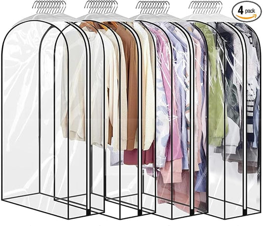 40" Clear Garment Bags for Hanging Clothes, Garment Bags for Storage with Smooth Side Zipper 10" Gusseted Waterproof Garment Bag for Shirts, Coats, Dresses, Suits,4 Pack