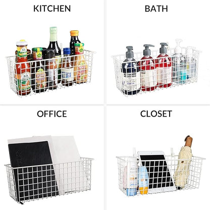 2 Sets Extra Large Hanging Wall Basket, White Metal Wire Baskets with Steel Hooks for Organizing, WallmountedFruit Vegetable Toy Snack Storage, Home Kitchen Bathroom Laundry Pantry Organizer