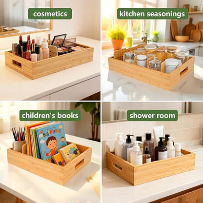 Bamboo Drawer Organizer Boxes, Natural Bamboo Storage Tray Drawer Organizer Set, Kitchen Utensil Holder & Cutlery Tray with 5 Custom Adjustable Dividers Cutlery Tray Drawer Dividers for Flatware