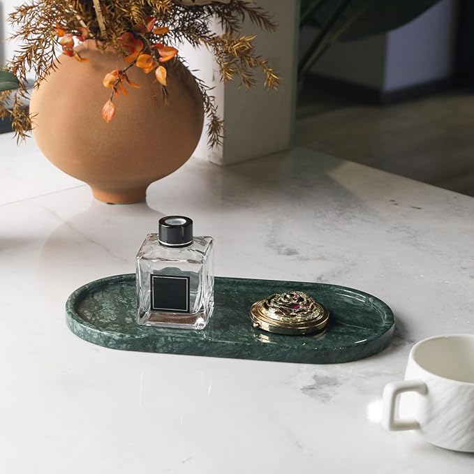 Faticdorr Green Marble Tray, 2 Pcs, Marble Vanity Tray, Bathroom, Decor for Trinket Perfume Jewelry Candle, 12 Inch Oval