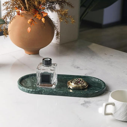 Faticdorr Green Marble Tray, 2 Pcs, Marble Vanity Tray, Bathroom, Decor for Trinket Perfume Jewelry Candle, 12 Inch Oval
