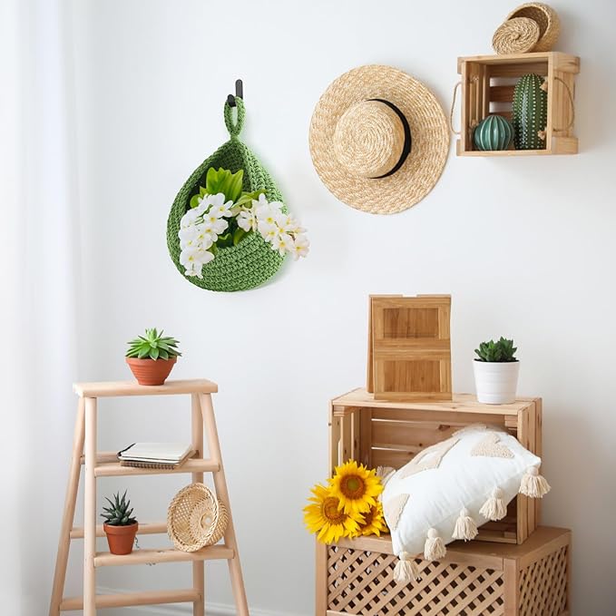 Honeydak Boho Decor Hanging Wall Baskets for Kitchen 3 Pack Teardrop Baskets with Hooks Storage Fruit Onion Vegetable Potato for Home 3 Sizes(Sage Green,Cotton Rope)
