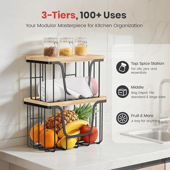 KONE Large Trash Bag Holder, 2 Pack Garbage Bag Dispenser, Storage Stackable Kitchen Organizer with Bamboo Top, Wall Mount Laundry Pantry Organization Black