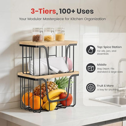 KONE Large Trash Bag Holder, 2 Pack Garbage Bag Dispenser, Storage Stackable Kitchen Organizer with Bamboo Top, Wall Mount Laundry Pantry Organization Black