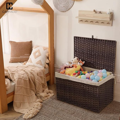 CAPHAUS Laundry Basket with Lid & Handles, Foldable Clothes Hamper, Large 65L Synthetic Rattan Storage Bin with 2 Removable Liner Bags, Collapsible Laundry Hamper, Brown