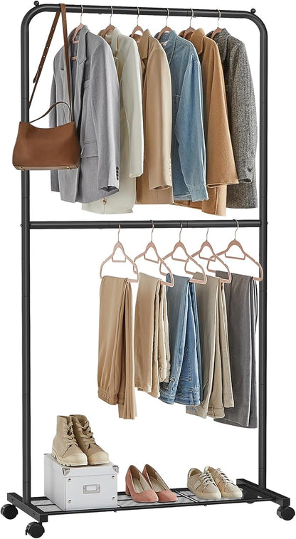 SONGMICS Clothes Rack with Wheels, Double-Rod Clothing Rack for Hanging Clothes, 25.4mm Metal Garment Rack with Dense Mesh Storage Shelf, 110 lb Load Capacity, 2 Brakes, Black UHSR027B01