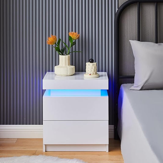 OFCASA Nightstand Set of 2 with LED Lights, Smart Night Stand with Flip Top Storage, Bedside Table with 2 High Gloss Drawers, Modern End Side Table for Bedroom (White)