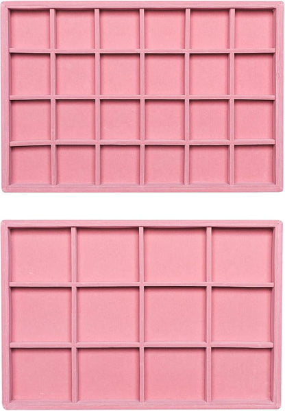 Frebeauty Stackable Velvet Jewelry Organizer Trays for Drawers Inserts Jewelry Storage Tray Display Case, Stud Earrings Bracelets Necklace Rings Accessories Trays for Women(Set of 2)(Pink)