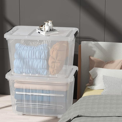 Qqbine 70 Quart Large Clear Storage Bins, Plastic Storage Box with Lids and Wheels, 4 Packs