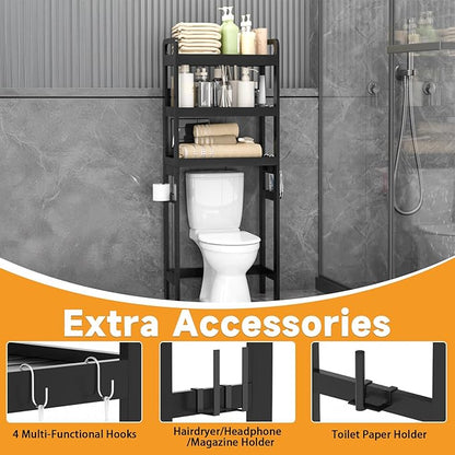 Over The Toilet Storage Shelf, 3 Tiers Space Saver Bathroom Organizer Shelves with Toilet Paper Holder and Hooks, Freestanding Toilet Rack for Washroom Balcony, Black