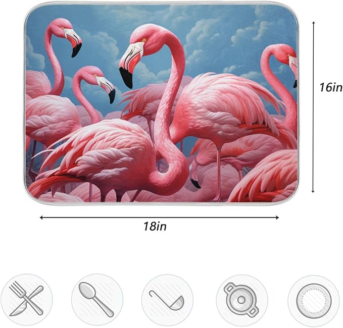 Lifelike Beautiful Pink Flamingo Microfiber Dish Drying Kitchen Countertop Table Protector Multipurpose Counter Rack Sink Drainer Pad (16" x 18")