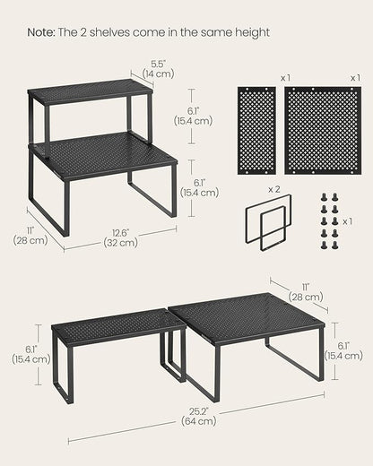 SONGMICS Spice Racks, Set of 2 Metal Cabinet Shelf Organizers, Countertop Organizers, Shelf Risers, Stackable, Expandable, Ink Black UKCS005B01