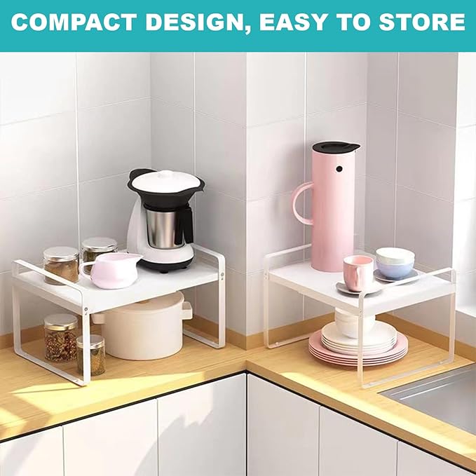 Expandable Cabinet Shelf, Lengths Adjustable Shelf Organizer Riser, Metal Space-Saving Cupboard Organizers for Kitchen Cabinet Pantry Cupboard Under Sink Countertop, White