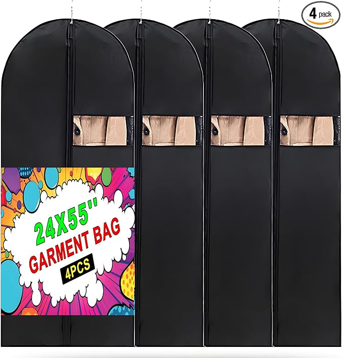Garment Bag, 24'' x 55'' Suit Bag, 4 Packs, Dress Bags for Gowns, Garment Bags for Travel, Travel Garment Bag, Garment Bags for Hanging Clothes, Washable Suit Cover for Suits, Coats (Black)