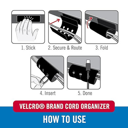VELCRO Brand Cord Organizer for Desk & Nightstand, Valentine’s Gift for Him, 5 Cable Slots with Sleeve Routing, Adhesive Wire Holder for Cord Management, Home, Office & Gaming, Black 2 Pack
