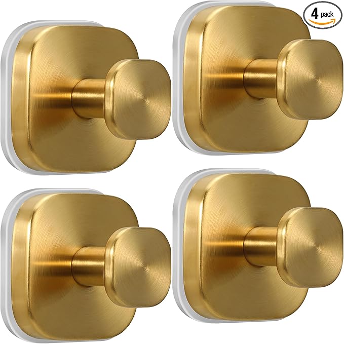 warlve Suction Cup Hooks for Shower - Reusable No-Drill Mounting - Hooks for Towels, Robes & Loofah on Metal, Glass, Mirrors, Tile & Smooth Non-Porous Surfaces (4, Brushed Gold)