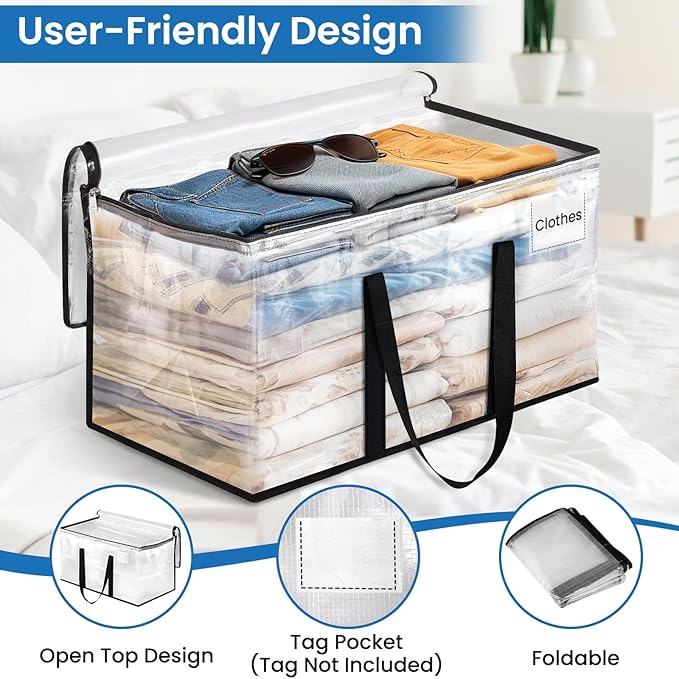 RoomHacks Heavy Duty Clear Moving Bags with Reinforced Handle and Double Zipper, Storage Totes, Packing Bags Alternative to Moving Essential and Supplies Box, Clear, Large, 6 Packs