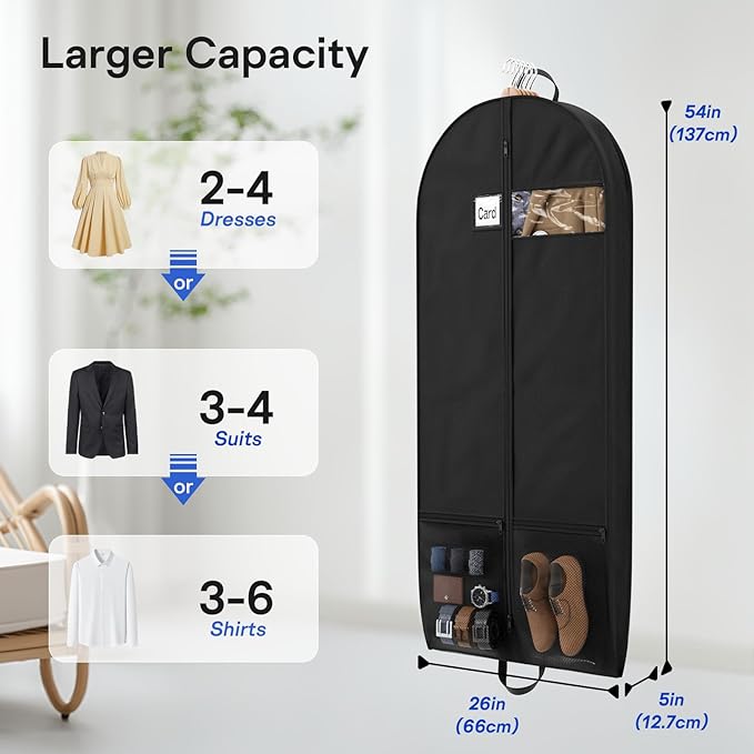 2 Pack Heavy Duty Garment Bags for Travel Suit Bags, Dress Bags, Garment Bags for Hanging Clothes with Pockets Men's Suit Holder for Cospaly, Shirts, Coats, Dresses (Black, 2Pack 54")