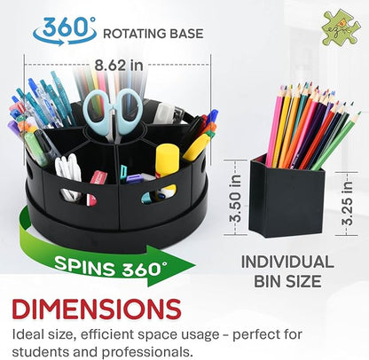 PUZZLE EZ Black Rotating Desk Organizer Lazy Susan Caddies for Home School Office Supplies, Pens, Markers and Art Supplies for Classroom
