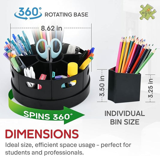 PUZZLE EZ Black Rotating Desk Organizer Lazy Susan Caddies for Home School Office Supplies, Pens, Markers and Art Supplies for Classroom