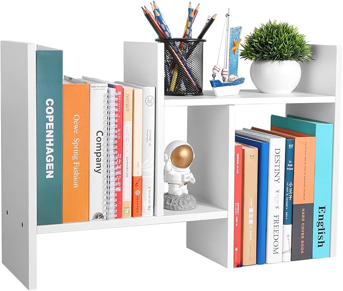 Desktop Shelf Organizer - Adjustable Wood Desktop Bookshelf, Table Top Shelves, Desk Book Organizer for Office Supplies and Home Décor (White)