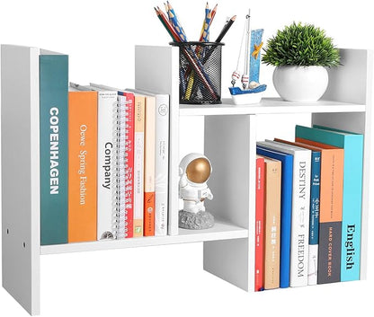 Desktop Shelf Organizer - Adjustable Wood Desktop Bookshelf, Table Top Shelves, Desk Book Organizer for Office Supplies and Home Décor (White)