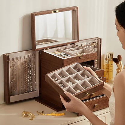 Homruilink Black Walnut Wooden Jewelry Box, Wood Jewelry Organizer with 2 Side Doors Mirror Lockable Classical Style for Watch Necklace Ring Earring Storage Christmas Gifts-6 Layer