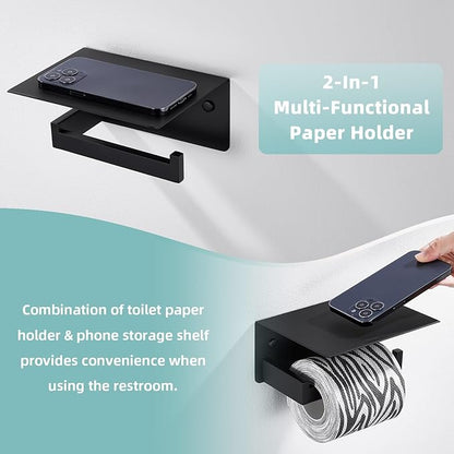 Suyar Toilet Paper Holder with Shelf Matte Black, SUS 304 Stainless Steel Wall Mounted Tissue Holder Phone Shelf for Bathroom