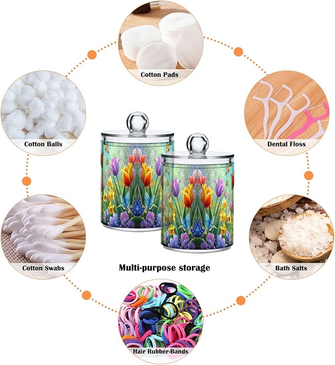 MNSRUU 2 Pack Qtip Holder Organizer Dispenser Easter Garden Tulips Daffodils Bathroom Storage Canister Cotton Ball Holder Bathroom Containers for Cotton Swabs/Pads/Floss