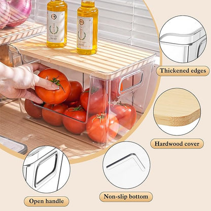 4 Set Stackable Storage with Removable Bamboo Cover, Plastic Container for Kitchen Organizers, Clear Front Open More Easy Access Bins Storage for Pantry, Potato, Onion, Garlic, Fruits, Vegetable