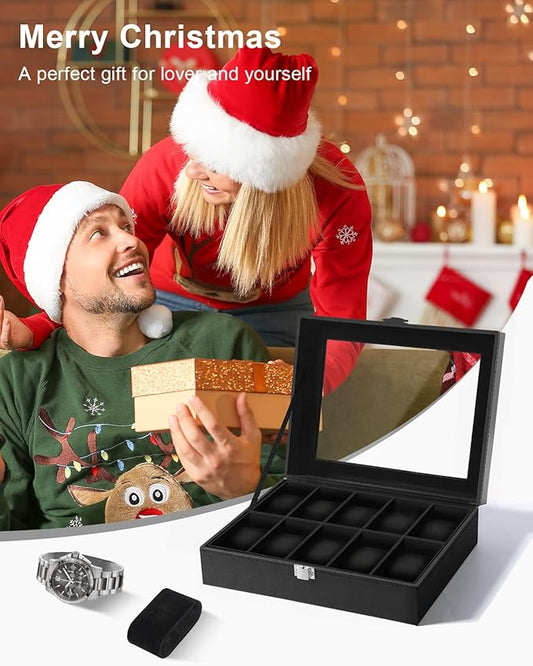 Uten Watch Box 10 Slots, Watch Box for Men, Watch Display Case, Watch Storage Box with Removable Cushion, Metal Clasp, PU Leather, Black