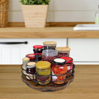 Lazy Susan Turntable Organizer with Higher Metal Sides, 11" Wooden Lazy Susan Spice Rack Organization and Storage for Cabinet,Kitchen,Countertop,Table Top,Dining Table,Coffee Bar Decor