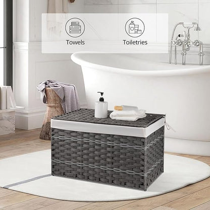 OIAHOMY Storage Basket with Lid, 27.7 Gallon (105L) Blanket Basket with Removable Liner Bag, Synthetic Wicker Hamper with Handle, Hamper for Living Room, Grey