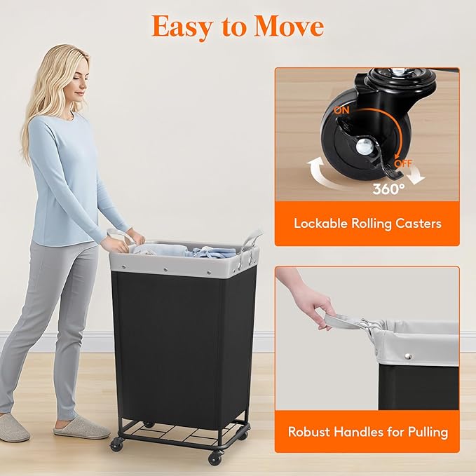 Lifewit 165L Laundry Basket with Wheels, Large Heavy Duty Commercial Rolling Laundry Hamper with Handles, Tall Steel Frame Laundry Cart for Laundry Room Bedroom Hotel Home Dorm, Black