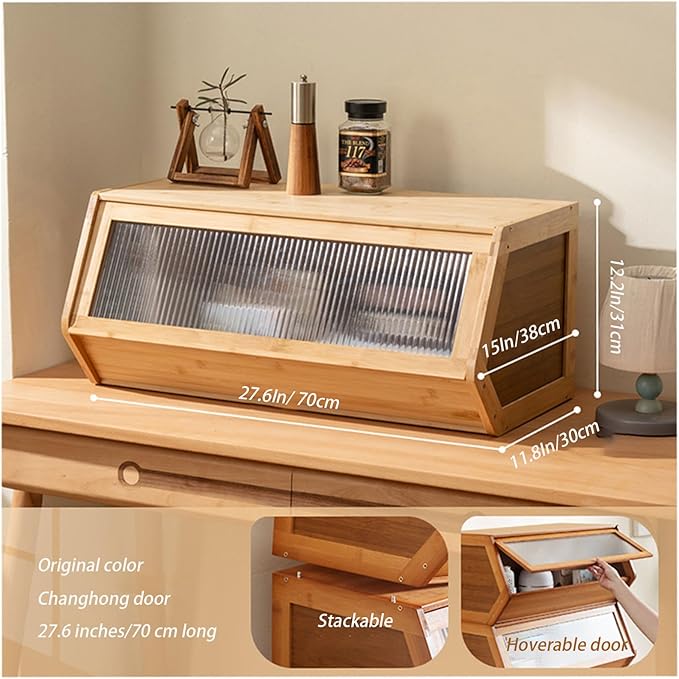 Storage Bins with Bamboo Lid – Stackable, Multi-Purpose Organizers for Pantry, Closet, Kitchen, and Home – Elegant Wicker-Style Design,Wood,27.6 * 11.8In/70 * 30cm