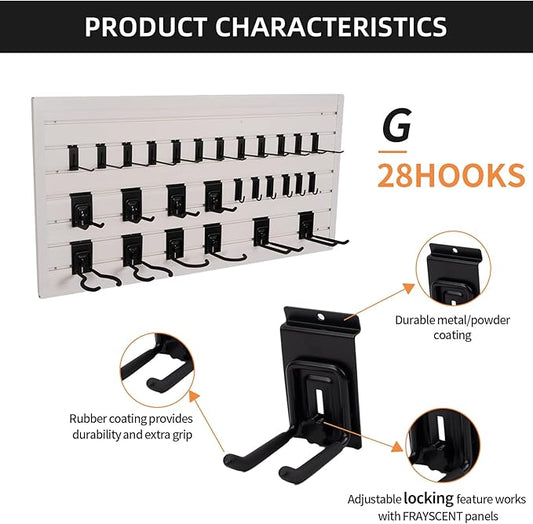 Slat Wall Accessories 28 PCS Garage Hooks Heavy Duty Slatwall Panel Hook Locking Bike Hook for Slat Wall Hooks for Hanging Ladder Storage System Black Accessory for Power Tools Organizer