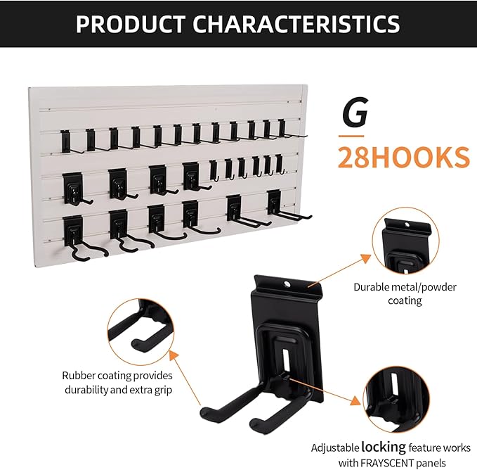 Slat Wall Paneling with 28 Garage Hooks Heavy Duty PVC Wall Panel Grey Slatwall Panel with Locking Slatwall Hook Slatwall with Bike Hooks Power Tool Organizer