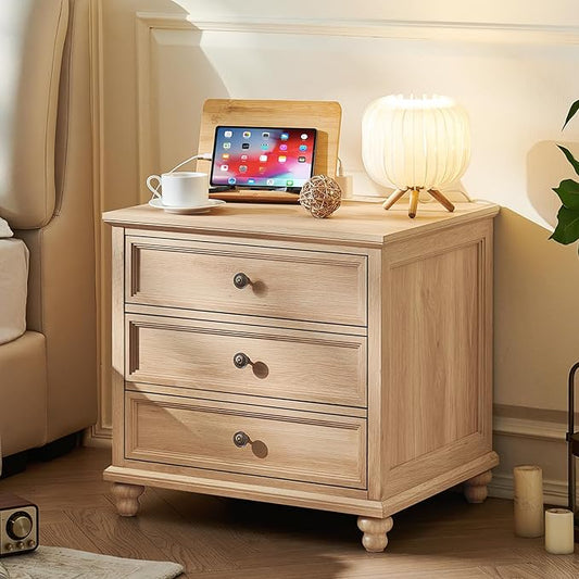 Joaxswe Farmhouse Nightstand with Charging Station, 24" Wide End Table with 3 Drawers,Natural Wood Dresser for Bedroom, Bed Side Table Chest of Drawers Cabinet,Night Stand for Living Room, Closet