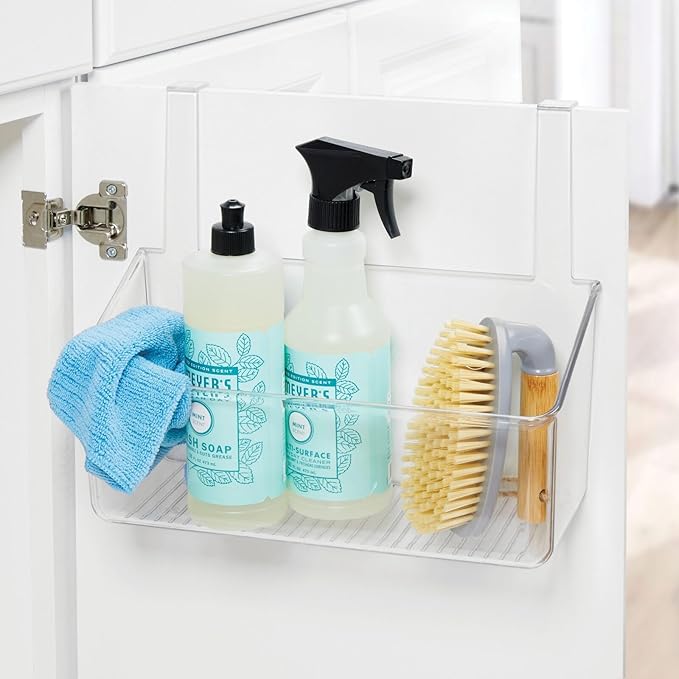 mDesign Plastic Over Cabinet Door Storage Organizer Bin for Kitchen, Pantry, Bathroom, Laundry, Utility Room - Hang Outside or Inside Door - Holds Lunch Bags, Shampoo, Cleaning Supplies, Large - Clear