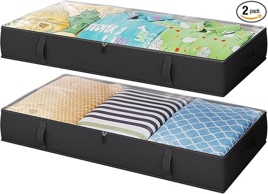 TidyCorner 2-Pack Under Bed Storage, 6 Inches Tall Closet Organizers and Storage Bins with Sturdy Sidewalls/Bottom/4 Handles, Black