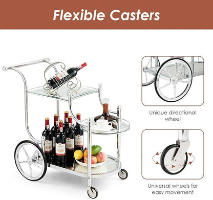 DORTALA Rolling Serving Cart, 3-Tier Metal Bar Cart with Tempered Glass, 4 Wheels Tea Serving Bar Cart for Livingroom, Kitchen, Silver