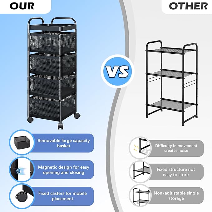 Rotating Kitchen Storage Rack, 4 Tier Rolling Cart with Fruit and Vegetable Basket, Black Storage Organization Dolly Cart with Wheels for Bathroom, Kitchen and Bedroom