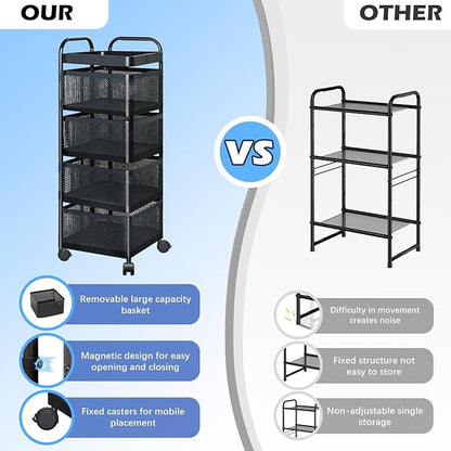 Rotating Kitchen Storage Rack, 4 Tier Rolling Cart with Fruit and Vegetable Basket, Black Storage Organization Dolly Cart with Wheels for Bathroom, Kitchen and Bedroom