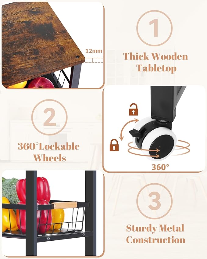 Mythinglogic 5-Tier Rolling Fruit Vegetable Storage Cart with Pull-Out Baskets, Metal Kitchen Organizer, Heavy Duty Utility Rack with Wheels for Pantry, Living Room, Kitchen