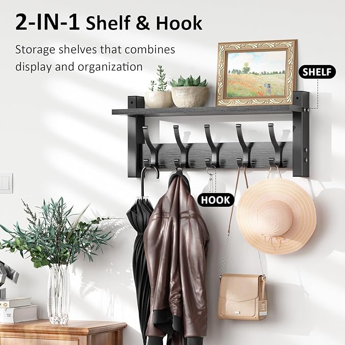 Coat Rack Wall Mount with Shelf, 17.1 Inch Coat Hanger Walls Mounted, Hat Rack for Walls, Shelf with 5 Coat Hooks, Wall Hanger for Entryway (Black)