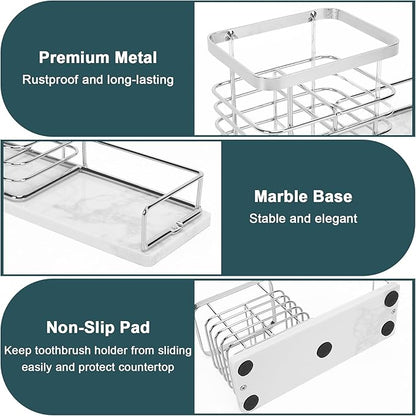 HarJue Toothbrush Holder, Luxurious Metal Toothbrush Toothpaste Holder with Marble Base for Bathroom, Multi-Slots Openwork Design, Bathroom Accessory for Storage and Organizer (Large, Chrome)