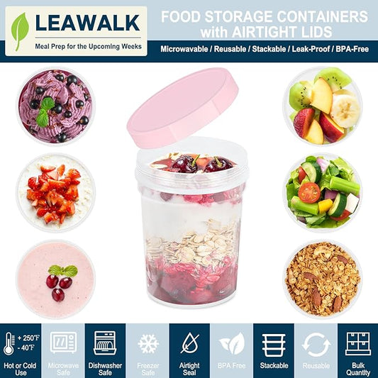 LEAWALK Reusable Food Freezer Storage Containers with Lids, BPA Free Twist Top Deli Container, Leak Proof, Stackable, Microwave and Dishwasher Safe (12, Pink (24oz-12Pack), 24oz)