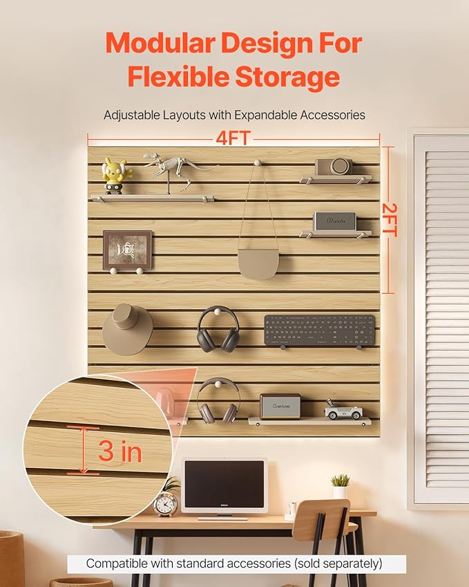 VEVOR Slat Wall Paneling, 4 x 4ft, MDF Garage Slatwall with Modular Design, Natural Slat Wall Easy-to-Install Adjustable Slatwall Panel with Coupling Structure & DIY Cutting, Fit for Storage & Display