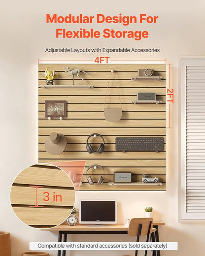 VEVOR Slat Wall Paneling, 4 x 4ft, MDF Garage Slatwall with Modular Design, Natural Slat Wall Easy-to-Install Adjustable Slatwall Panel with Coupling Structure & DIY Cutting, Fit for Storage & Display