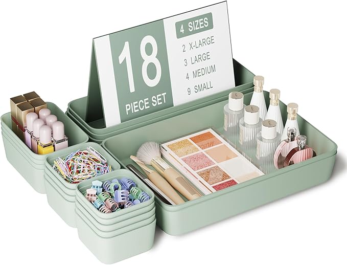 Homhut Plastic Drawer Organizers, 18 PCS Drawer Organizer Bins, Bathroom and Vanity Organizer Plastic Tray, Makeup organizer and storage for Makeup, Bedroom, Kitchen Gadgets Utensils and Office